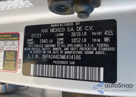 2021 Kia Rio Lx z USA, uszkodzony, nr VIN 3KPA24AD3ME414166